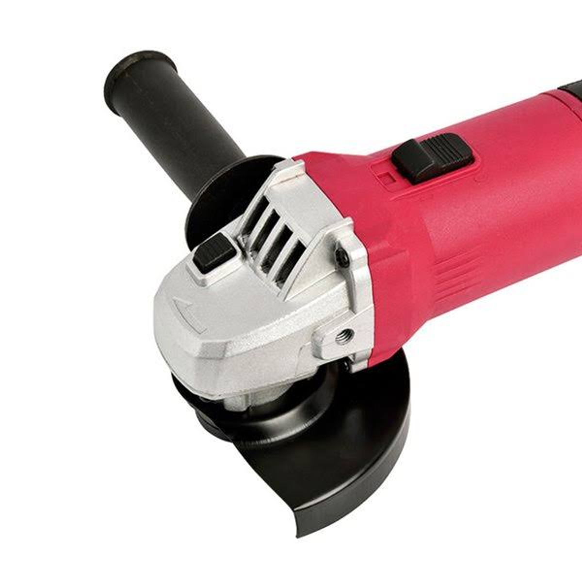 Amoladora angular roja y plateada con asa negra y protector de seguridad.