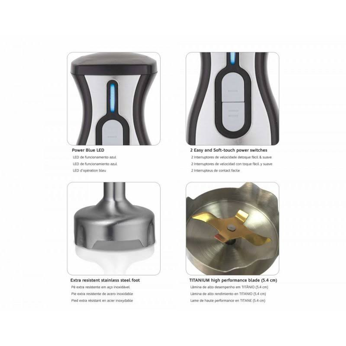 Zbliżenie blendera ręcznego. Pokazuje różne części, w tym ostrze i stopę.