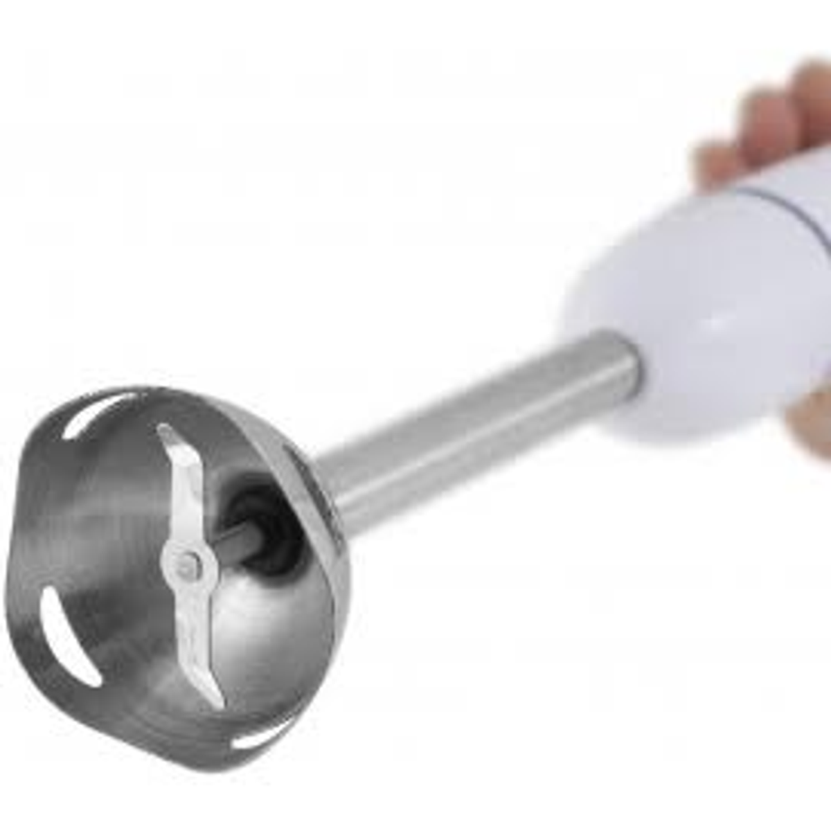 Głowica blendera ręcznego z ostrzem. To metalowe ostrze z białym plastikowym uchwytem.