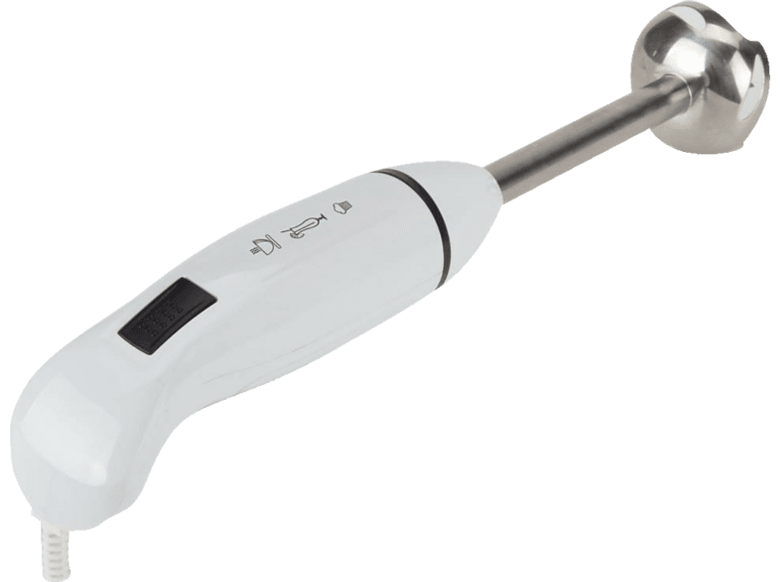 Weißer Stabmixer. Das Ende ist aus Metall.