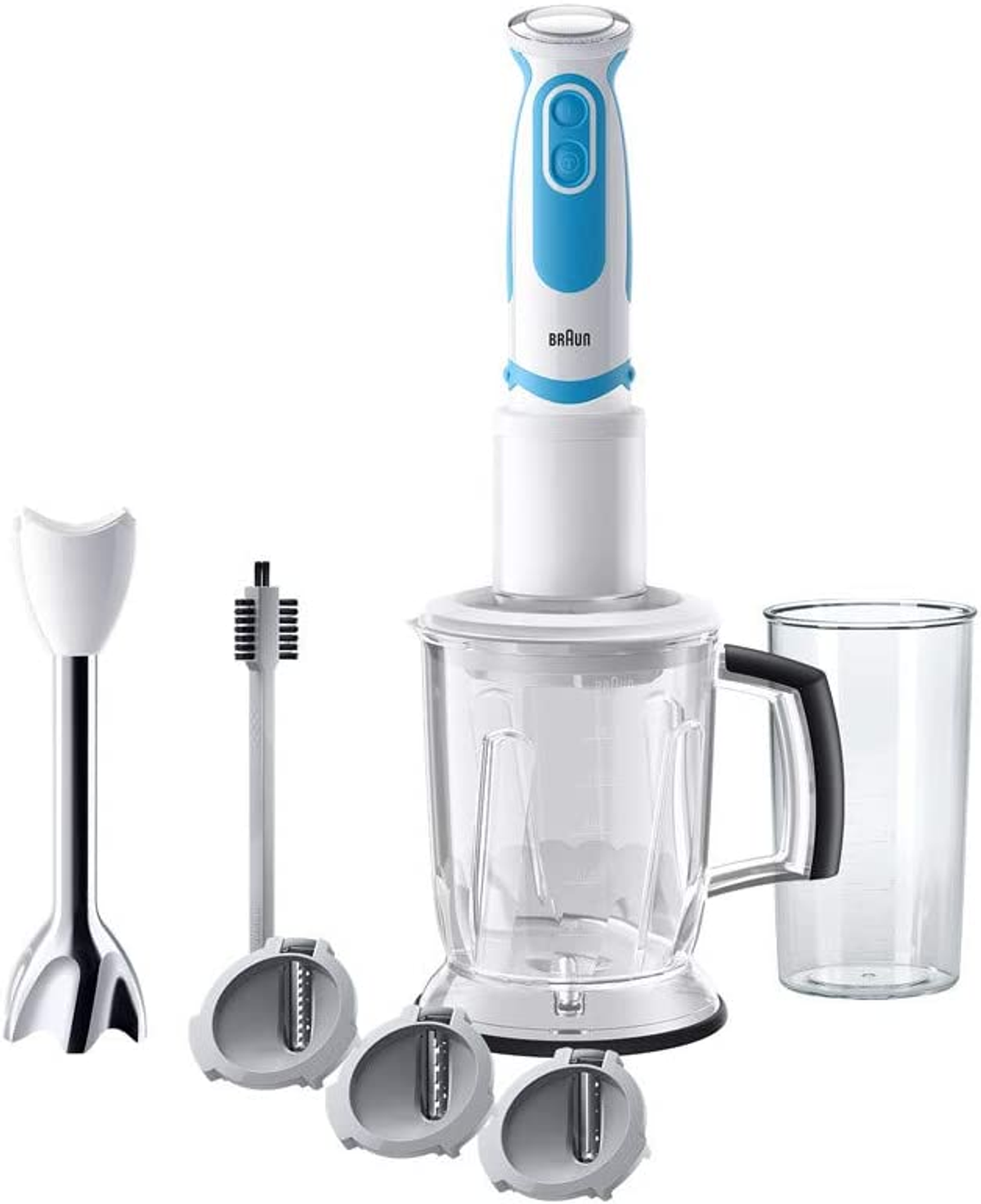 Un frullatore a immersione bianco e blu con diversi accessori.
