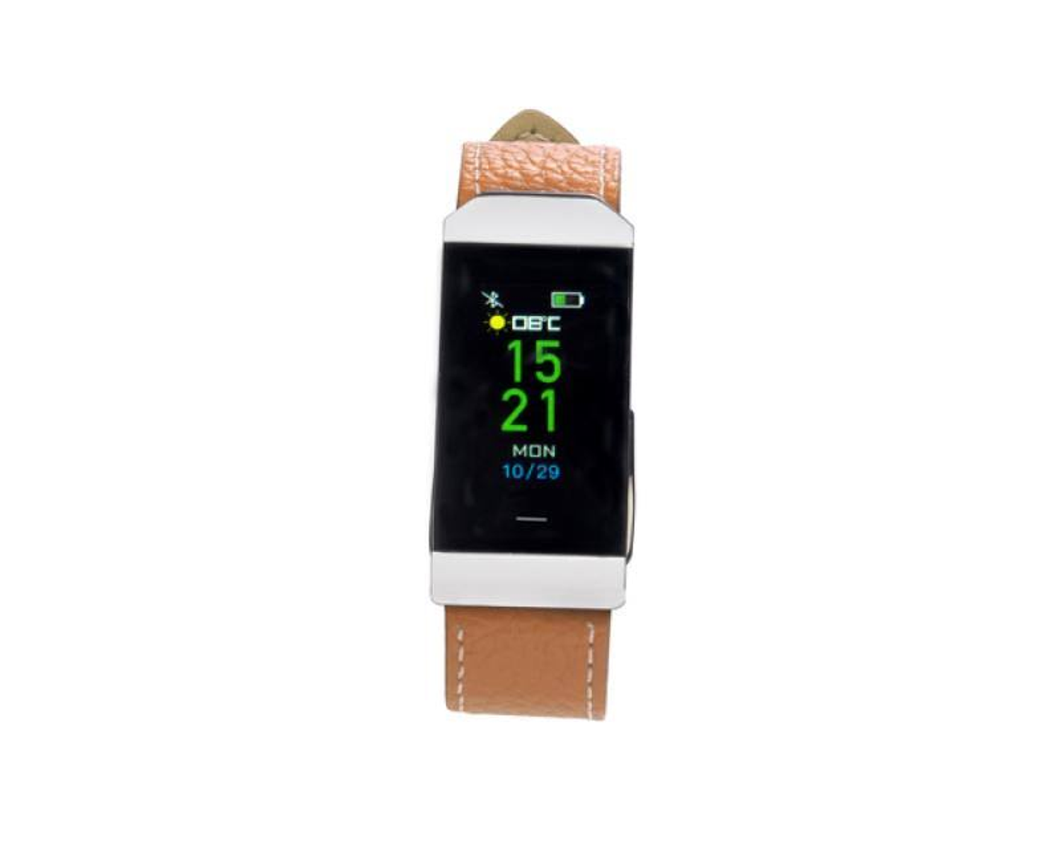 Smartwatch con correa de cuero marrón. Pantalla muestra hora y métricas de salud.