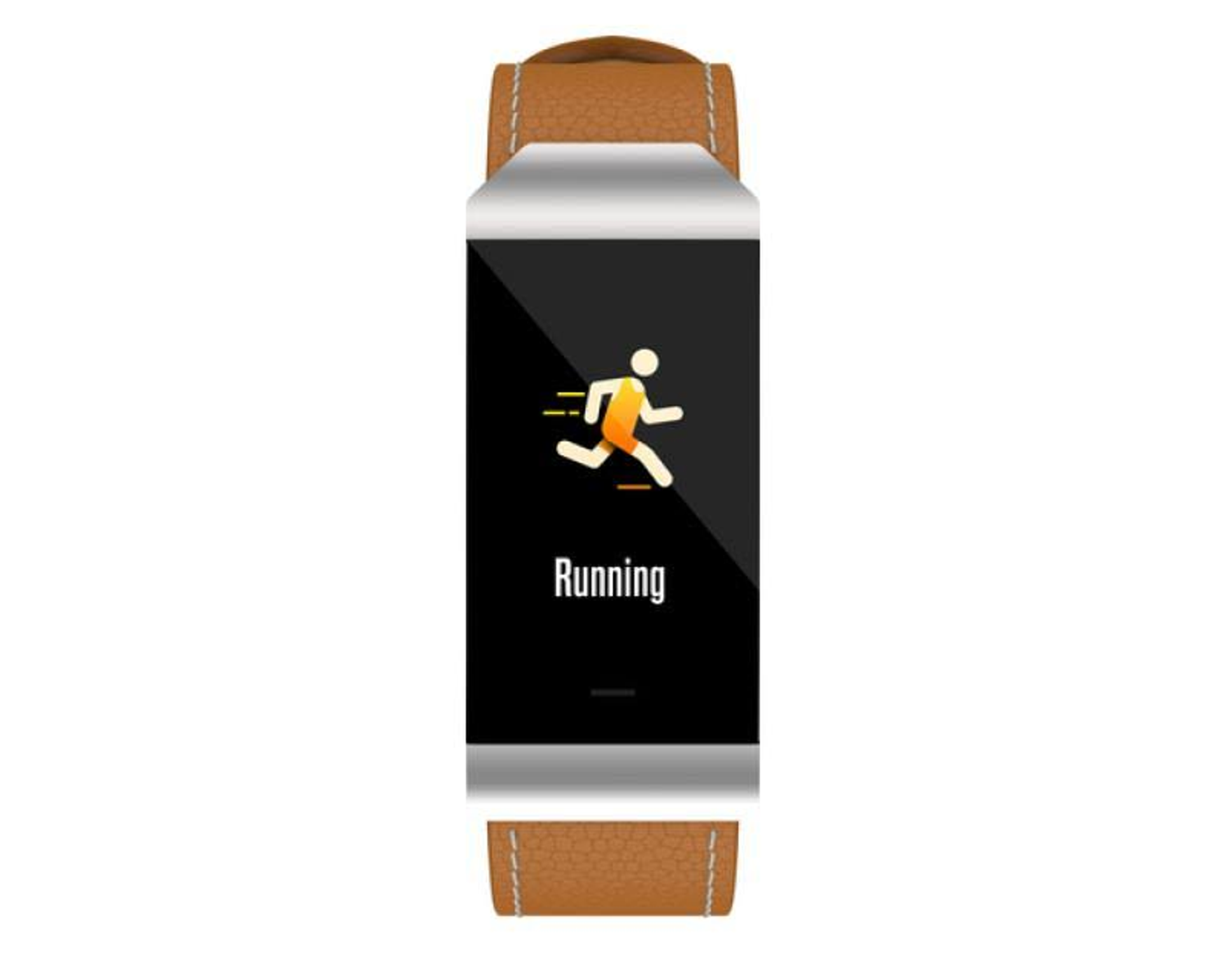 Reloj inteligente con aplicación de correr en pantalla. Tiene correa marrón y fondo blanco.