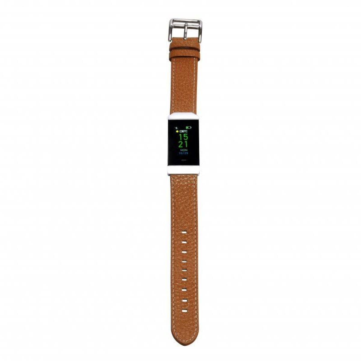 Smartwatch con correa de cuero marrón y pantalla digital. La hora es 15:21, fecha 22/10.