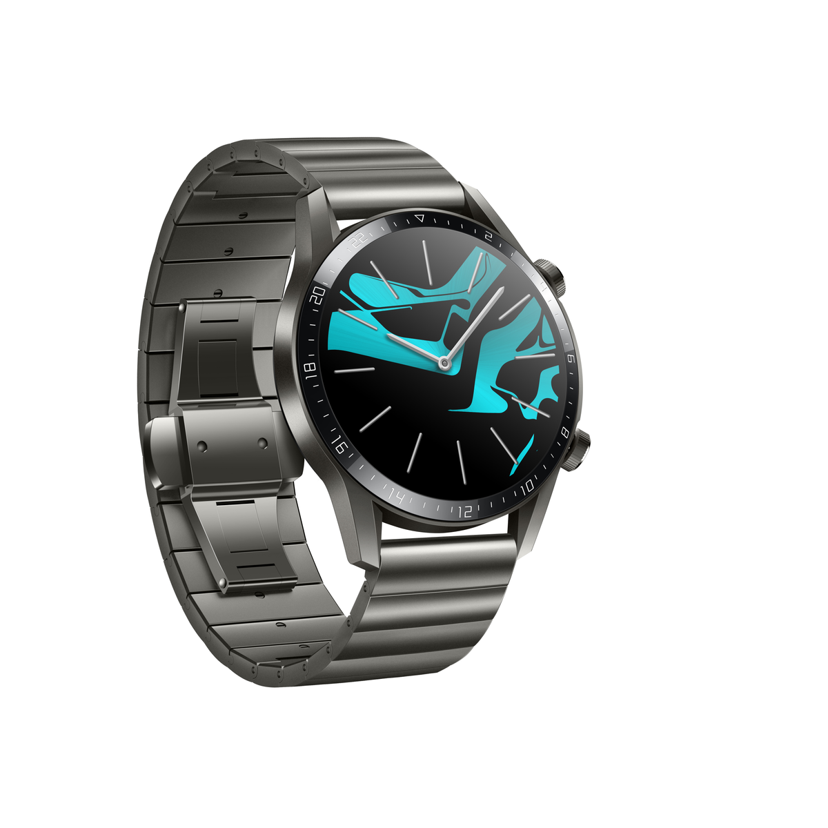 Smartwatch mit Metallarmband. Zeigt ein blau-schwarzes Zifferblatt mit der angezeigten Uhrzeit.