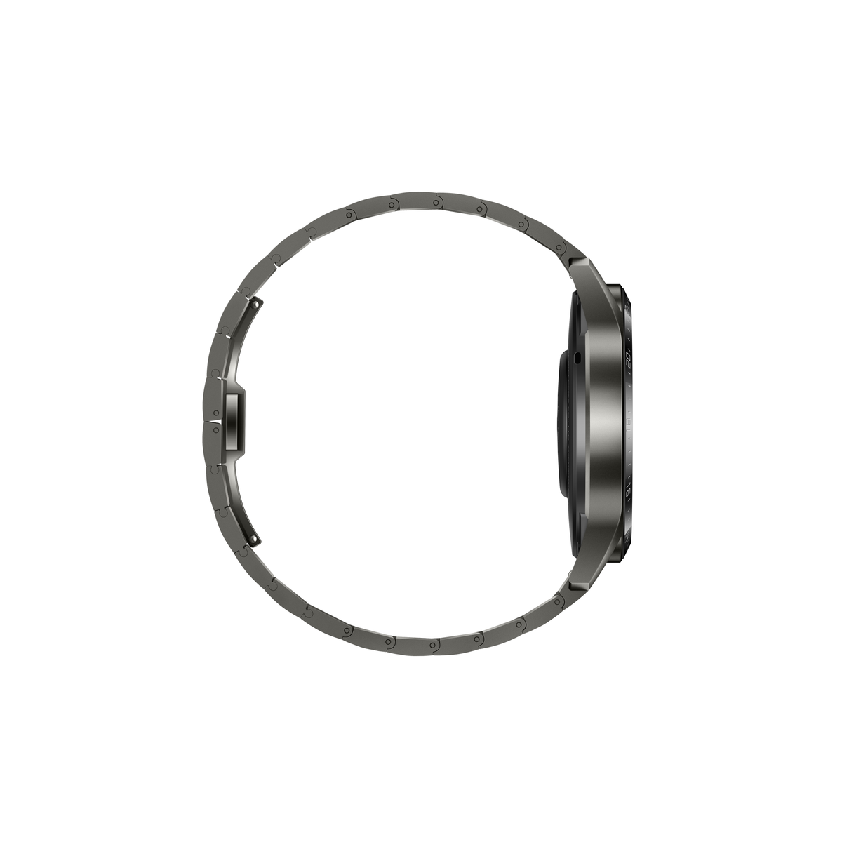 Seitenansicht einer dunkelgrauen Smartwatch mit passendem Armband.