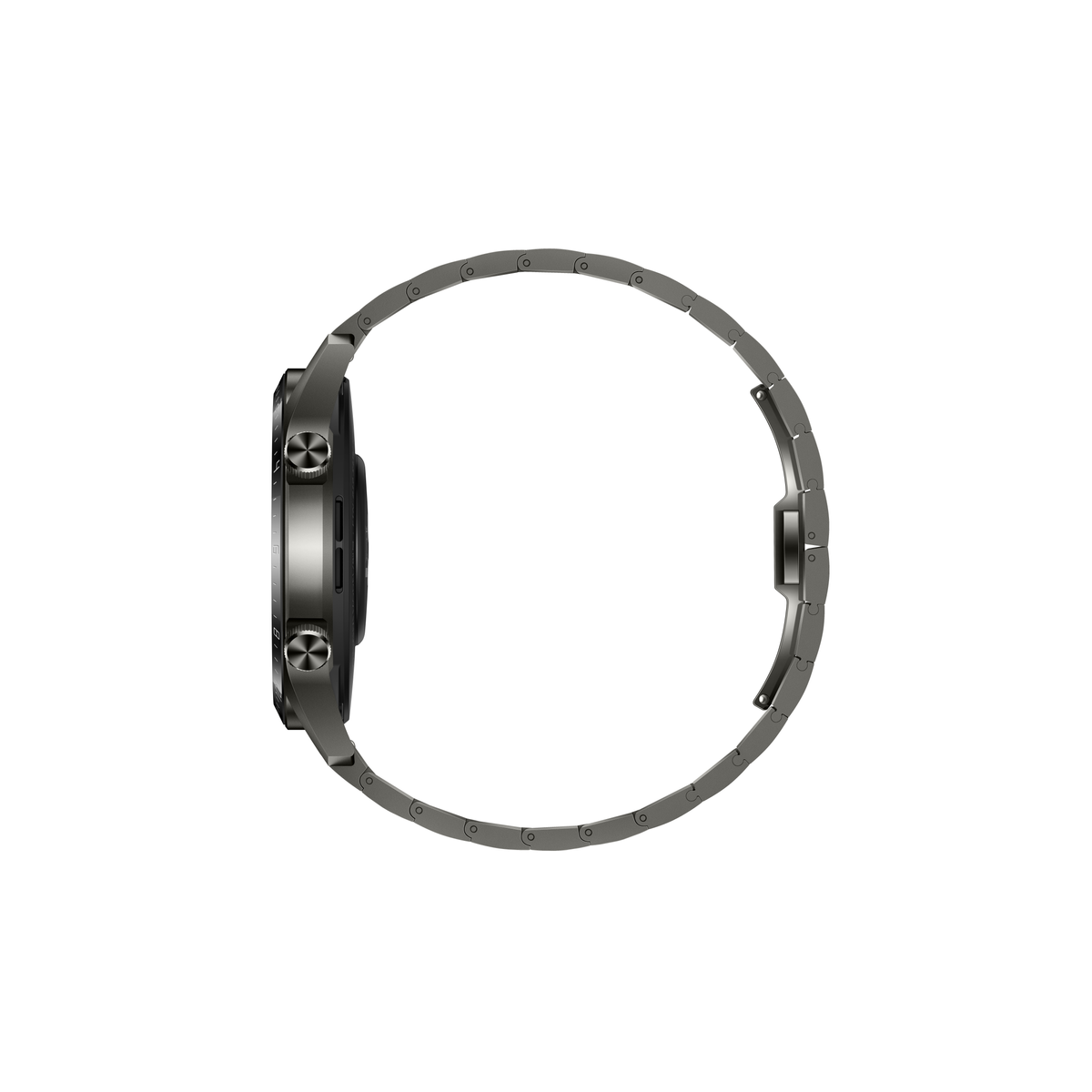 Seitenansicht einer dunkelgrauen Smartwatch mit Metallarmband. Die Uhr befindet sich auf weißem Hintergrund.