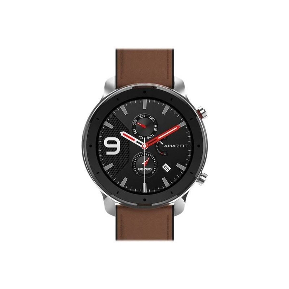 Smartwatch mit braunem Armband. Das Zifferblatt zeigt Zeit, Datum und Schritte. Weißer Hintergrund.