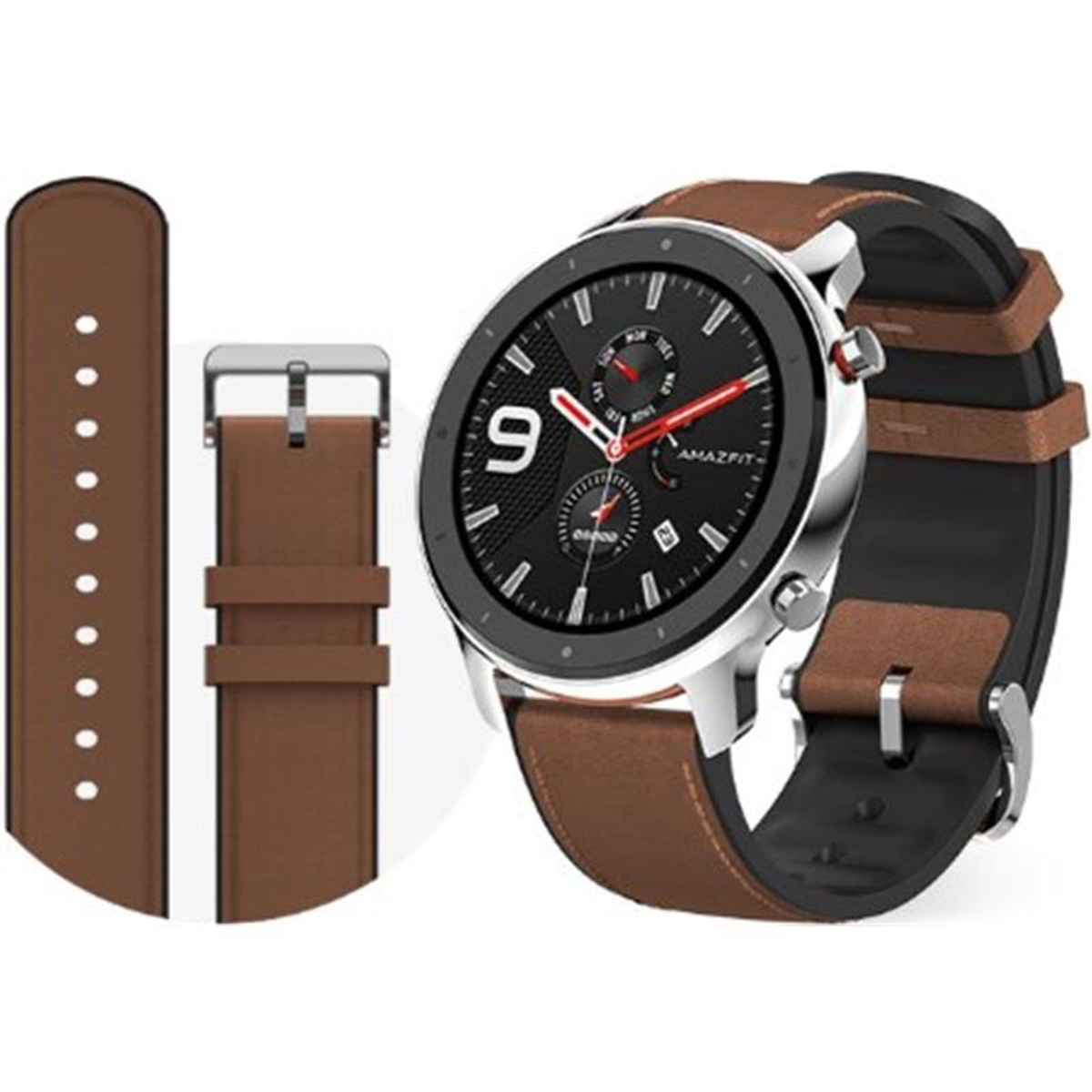 Smartwatch mit braunem Lederarmband und schwarzem Zifferblatt. Zusätzliche Bandteile sichtbar.