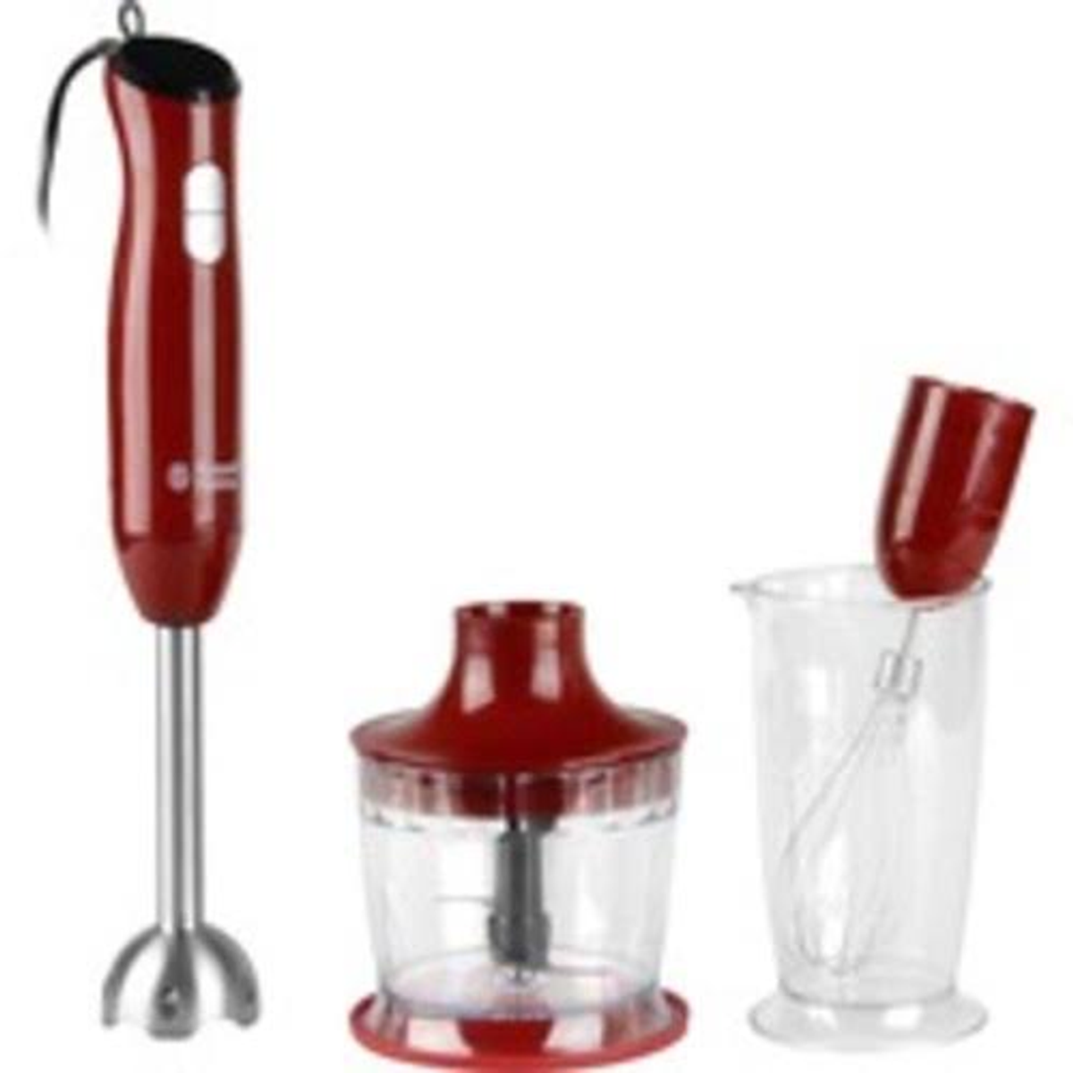 Ein rotes Stabmixer-Set mit Komponenten wie Mixer, Schüssel und Schneebesen-Aufsatz.