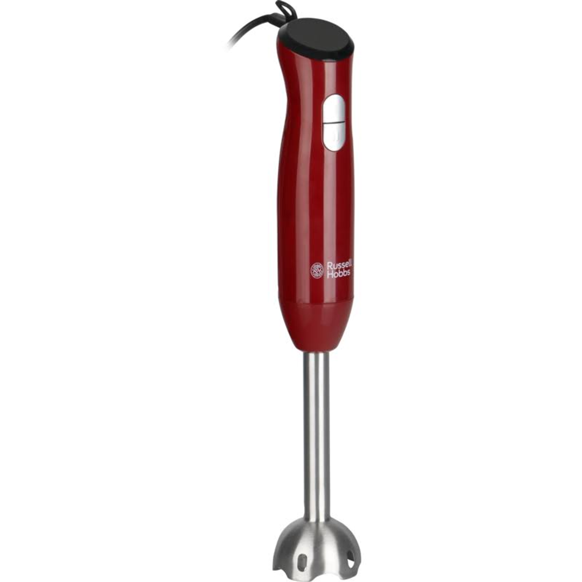 Ein roter Stabmixer mit schwarzem Oberteil und einem silbernen Mixaufsatz. Er hat einen weißen Knopf.