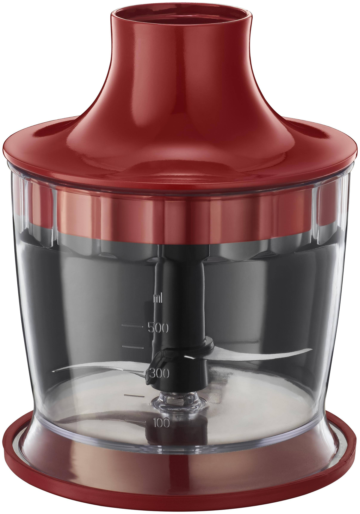 Roter und transparenter Stabmixer mit einem Behälter.