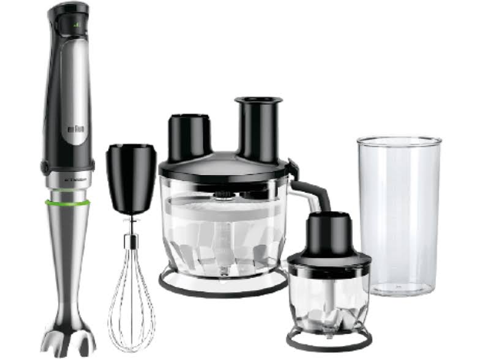 Çoklu eklentilere ve şeffaf bir beher'e sahip blender seti.