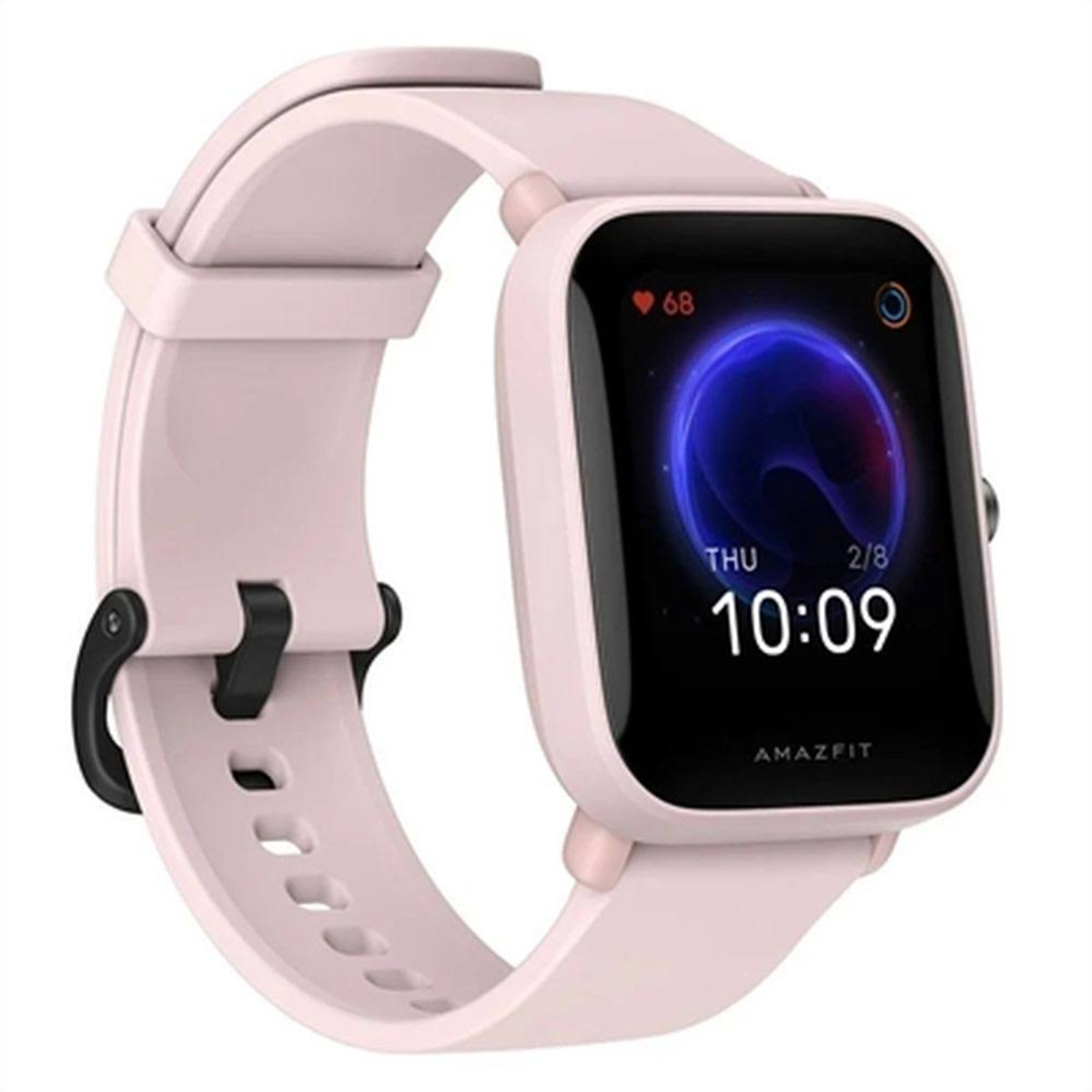 Smartwatch rosa con schermo nero che mostra l'ora e la frequenza cardiaca.