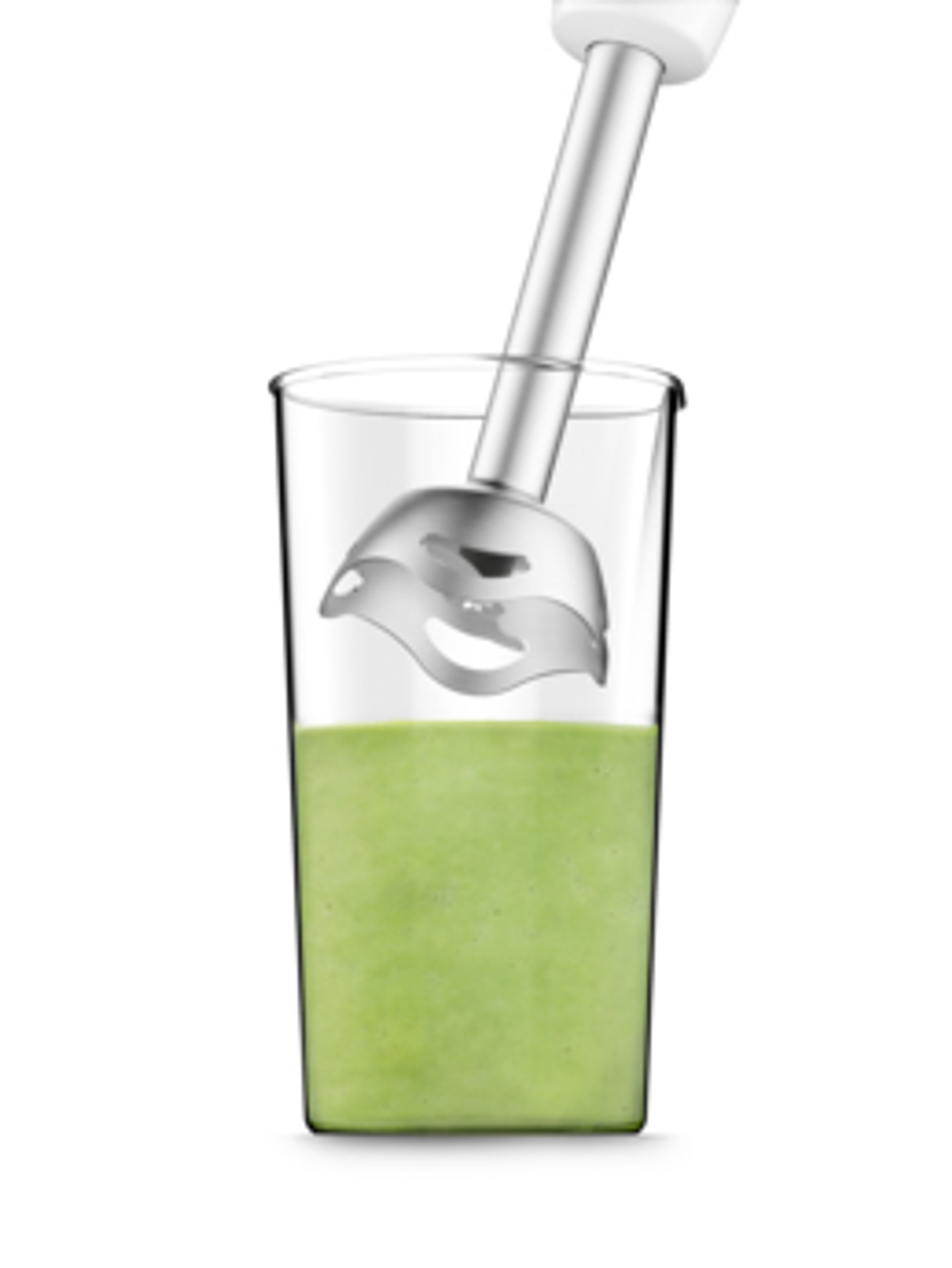 Un verre avec un contenu vert mixé et un mixeur plongeant argenté à l'intérieur.