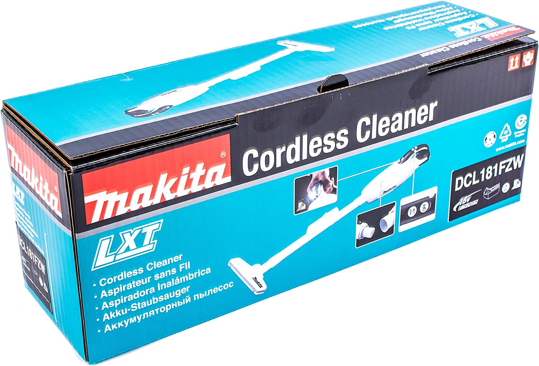 Eine Schachtel eines kabellosen Reinigers mit dem Wort 'Cordless Cleaner' und Produktnamen.