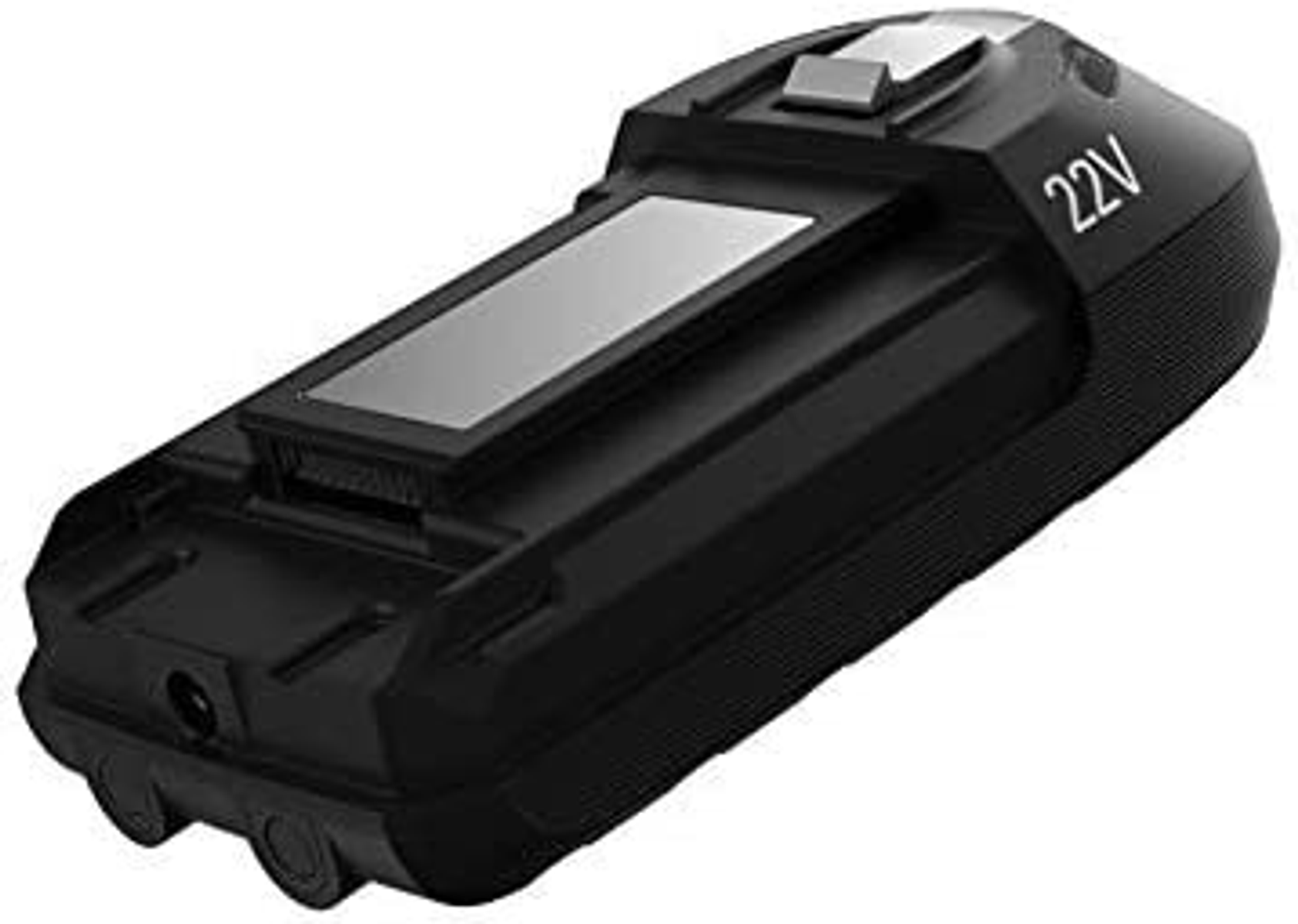 Batería negra de 22V. Tiene una parte superior plateada y botones cilíndricos.
