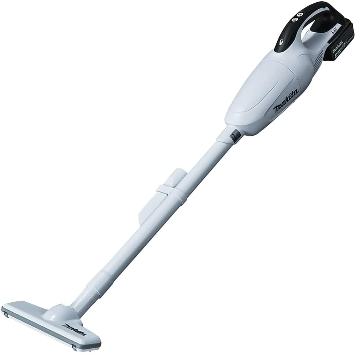 Ein weißer Makita Akku-Staubsauger mit verlängertem Griff und Bürstenkopf.