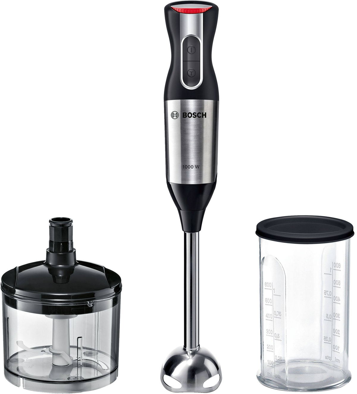 Frullatore a immersione Bosch con accessori: ciotola per tritare e misurino.