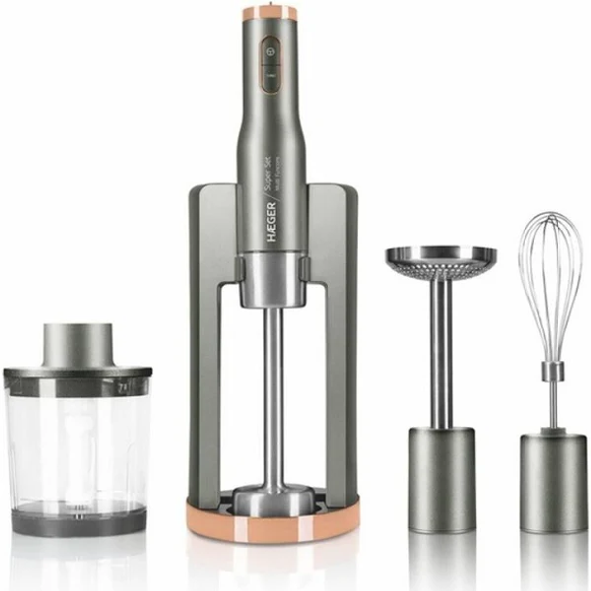 Set frullatore con accessori multipli: frullatore, frusta e un piccolo contenitore.