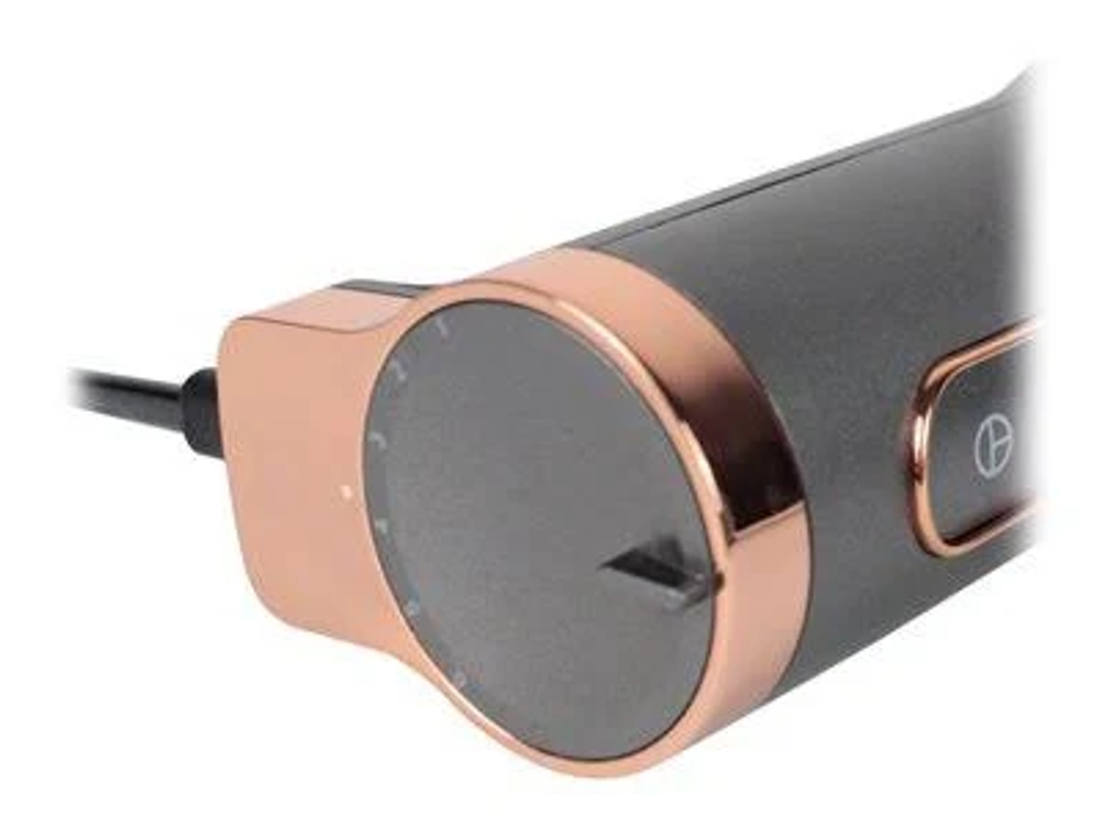 Primo piano del pannello di controllo grigio e oro rosa di uno strumento per capelli.
