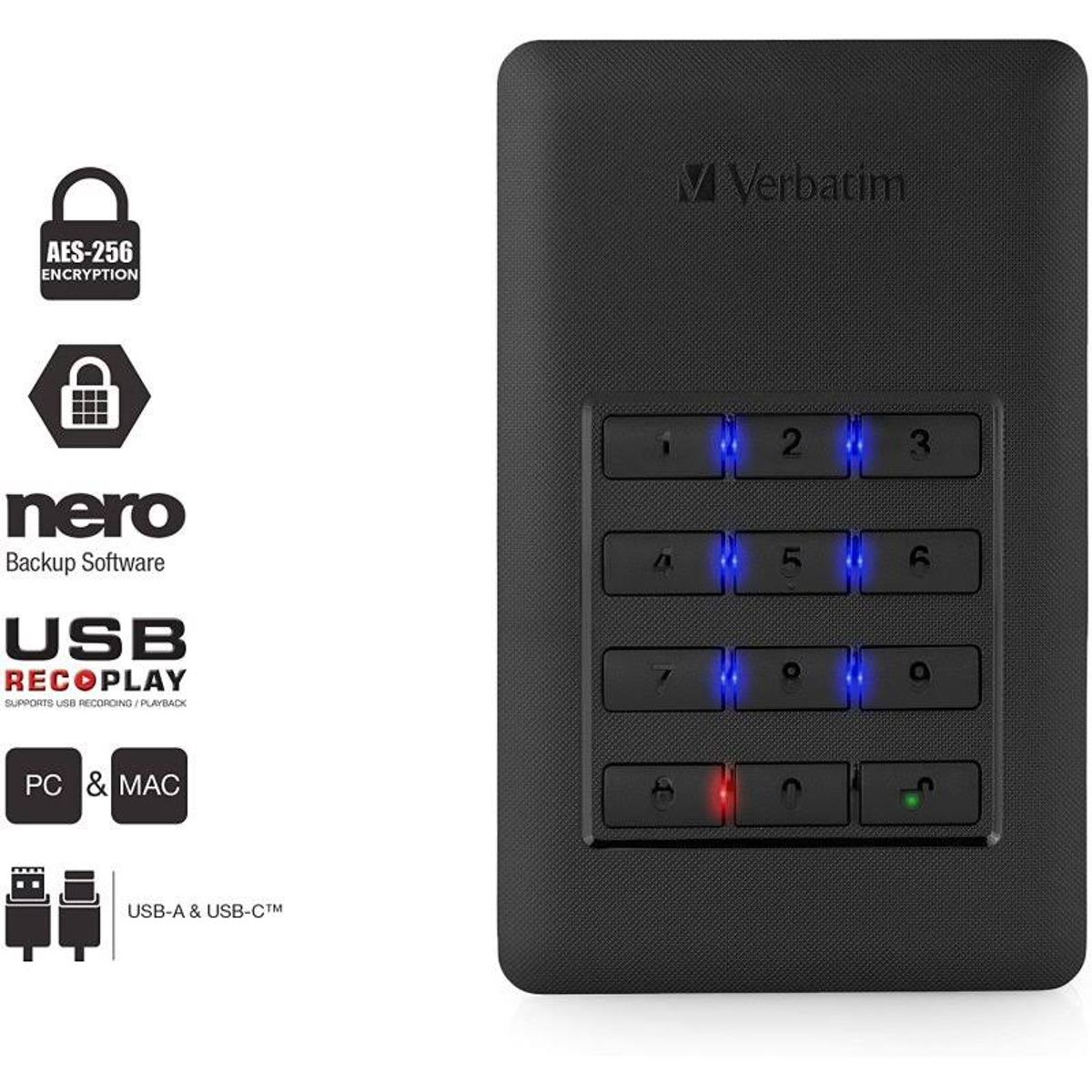 VERBATIM 53403 SECURE HDD, USB Schwarz/Silber SSD, WITH extern, PORTABLE KEYPAD, 2,5 3.1 2TB Zoll, 2000 GB HDD