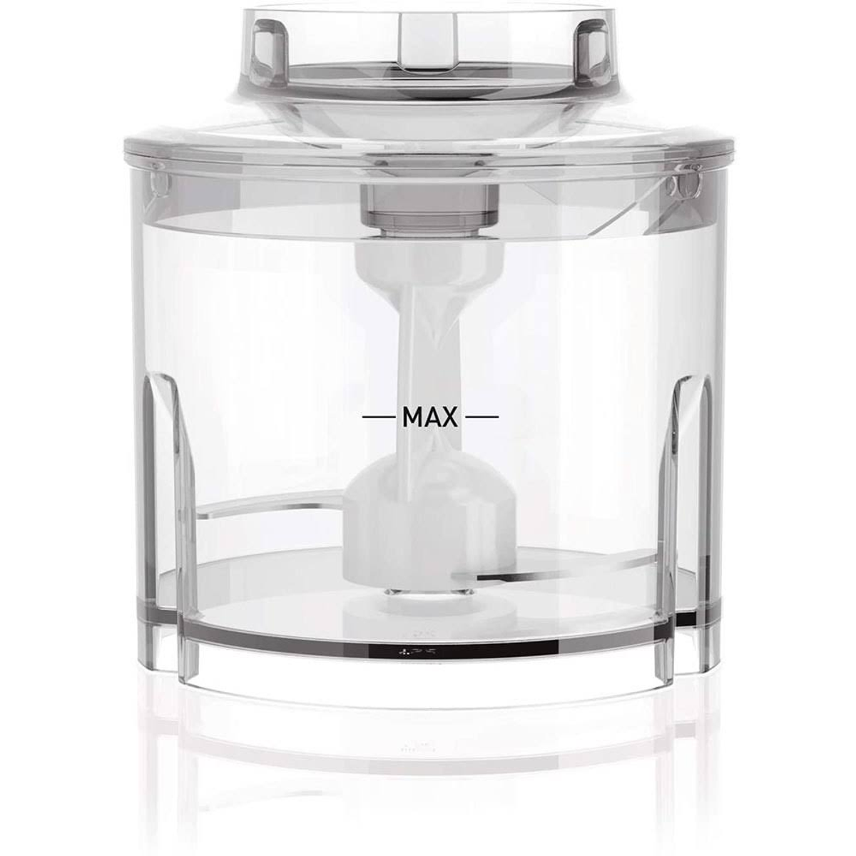 Bol de procesador de alimentos transparente con cuchilla blanca y la palabra MAX en el lado.