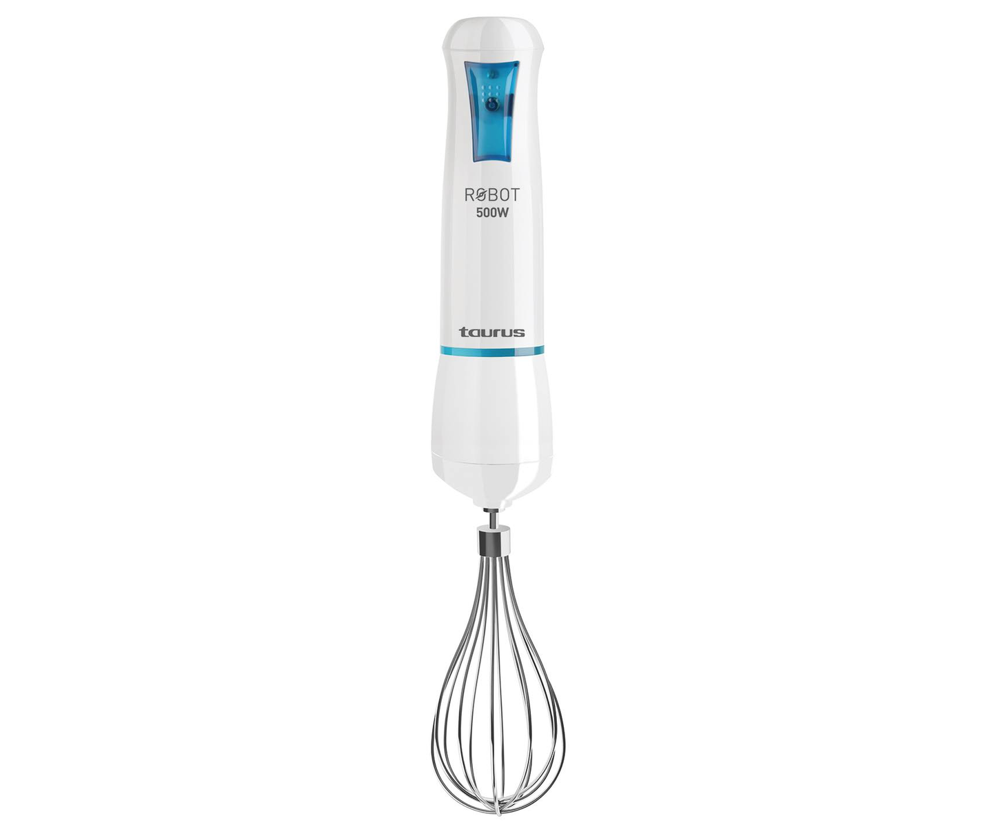 Una batidora de mano blanca con accesorio de batidor, aislada sobre blanco. La marca es Taurus.