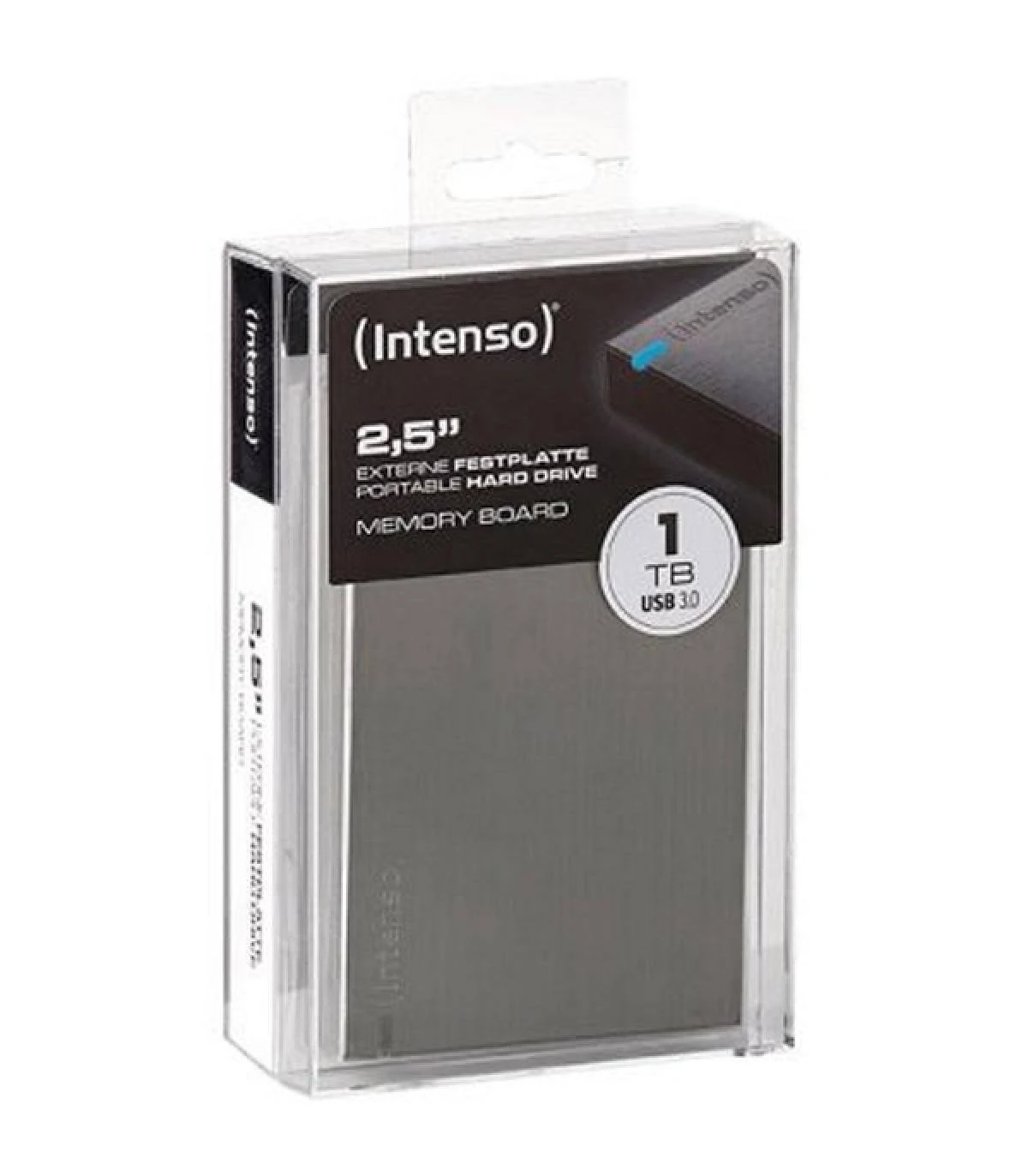 Zewnętrzny dysk twardy w przezroczystym etui z etykietą 1TB USB 3.0.