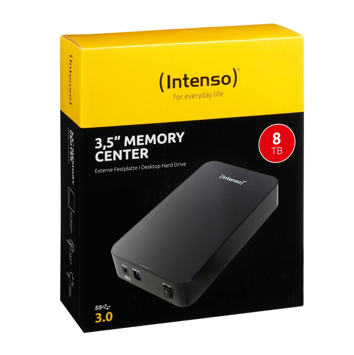Czarno-żółte pudełko memory center z dyskiem twardym. Tekst: 3.5", 8 TB.