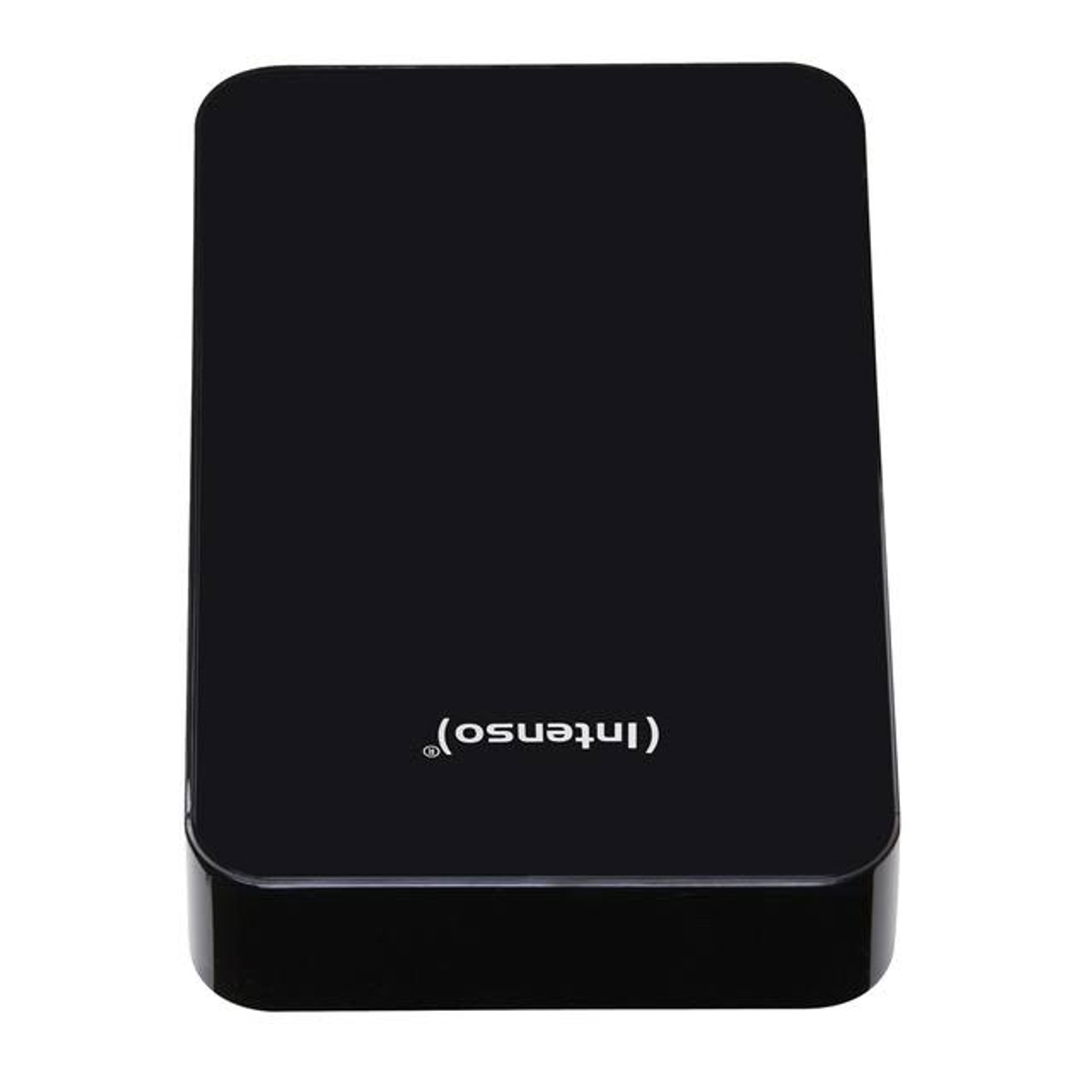 Czarny zewnętrzny dysk twardy z nazwą marki na białym tle.