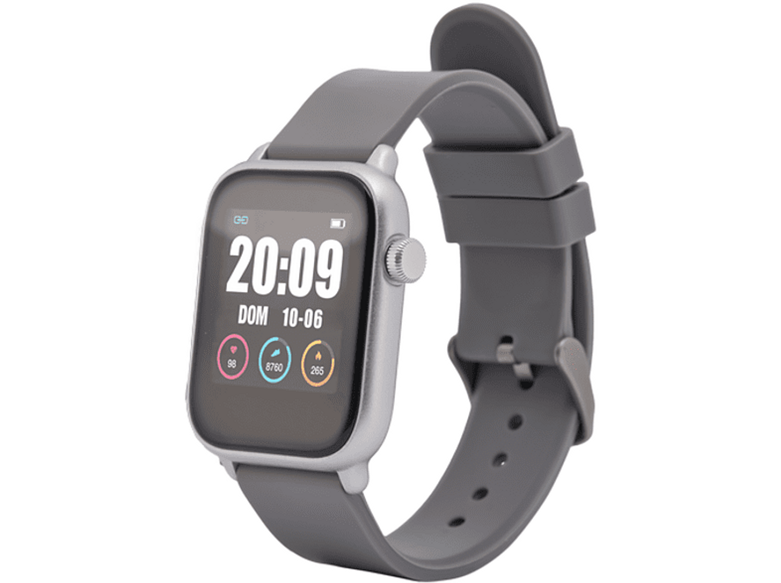 Eine graue Smartwatch auf weißem Hintergrund. Sie zeigt Zeit und Gesundheitsdaten.