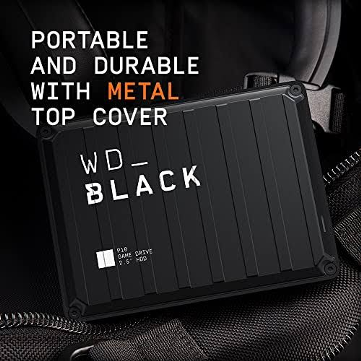 WD_BLACK P10 Game Drive da 2,5 pollici nero con coperchio in metallo.