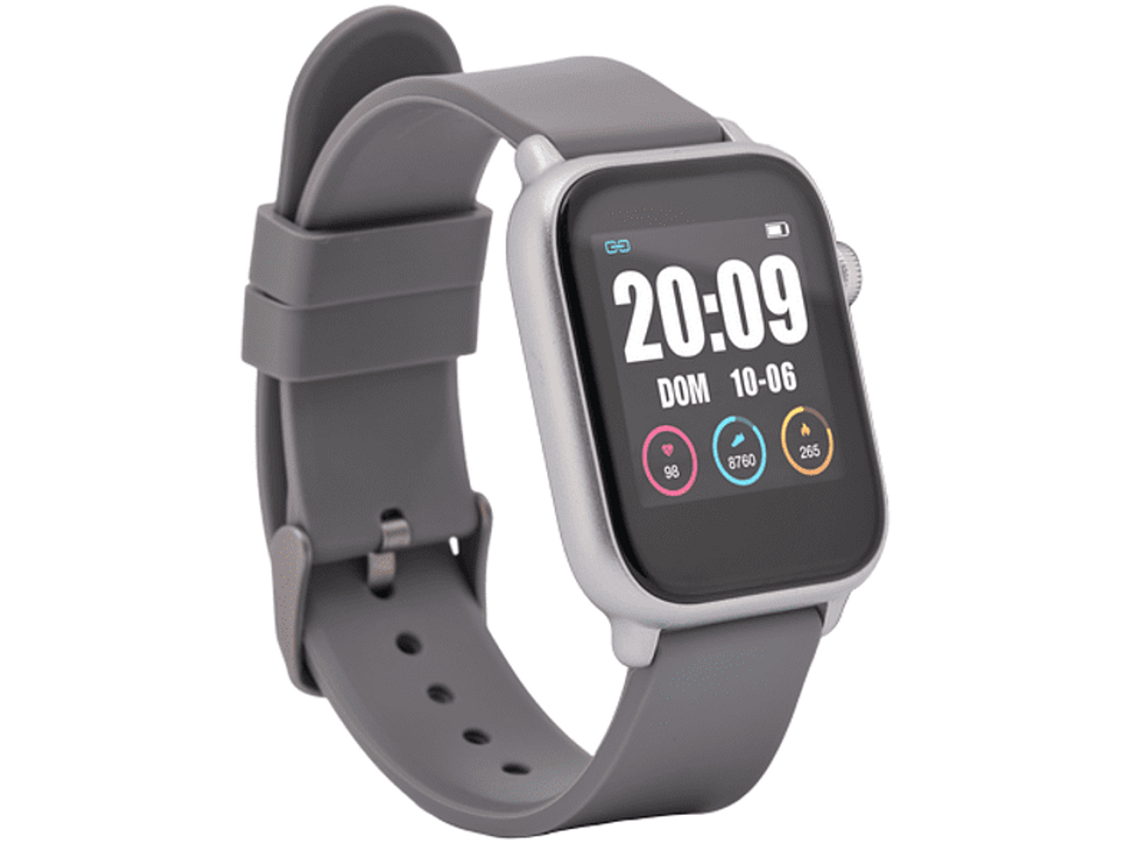 Graue Smartwatch mit quadratischem Bildschirm zeigt Zeit und Gesundheitsdaten.