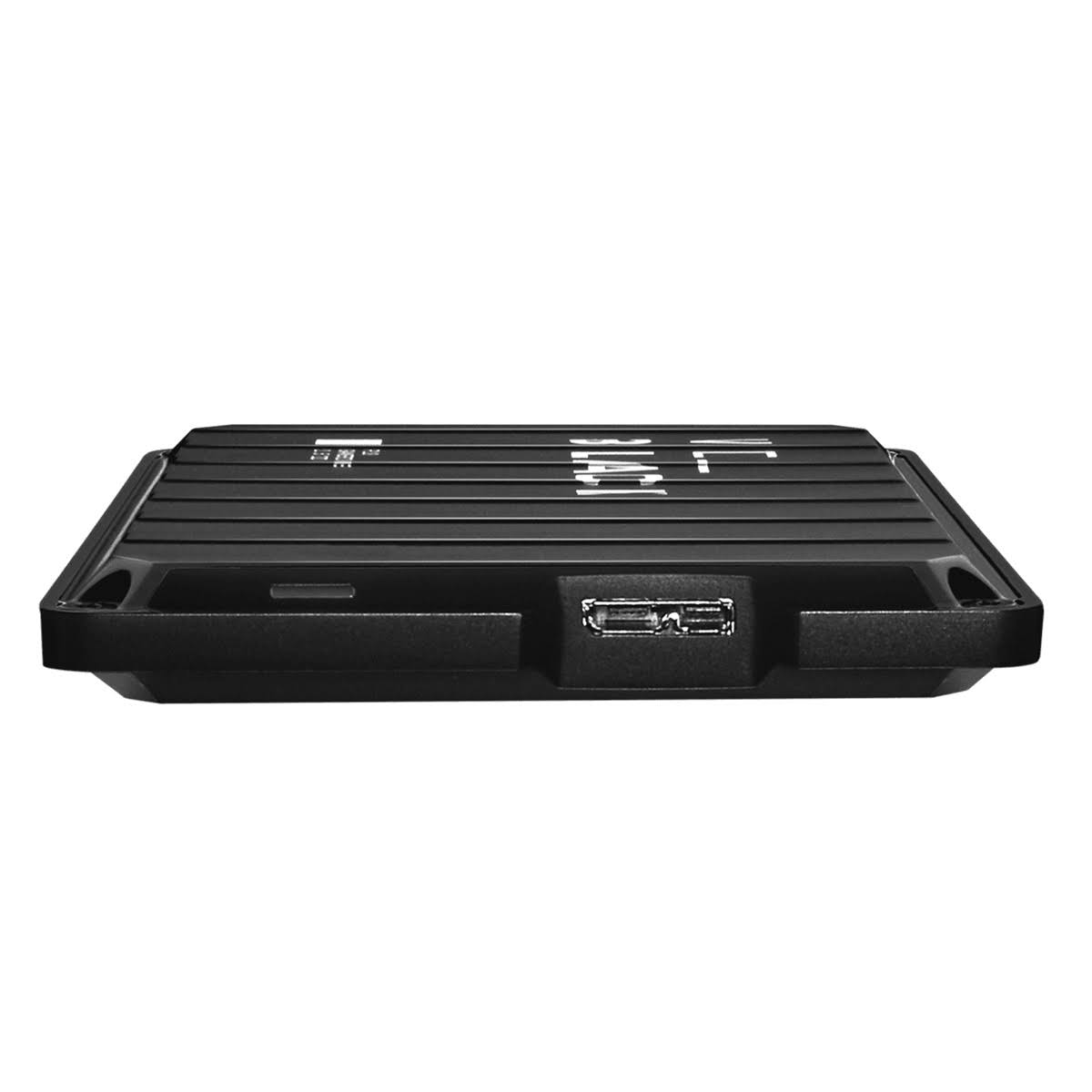 Custodia nera con parte superiore scanalata e porta USB.