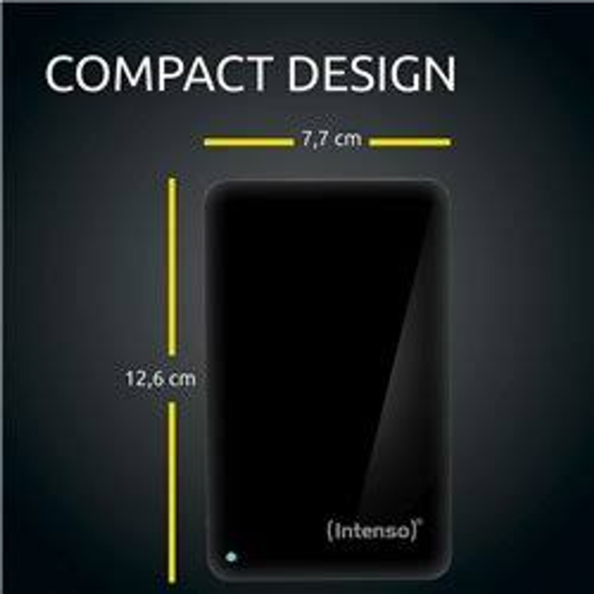 Czarny prostokąt z wymiarami. Tekst mówi o kompaktowej konstrukcji i wymiarach w cm i calach.