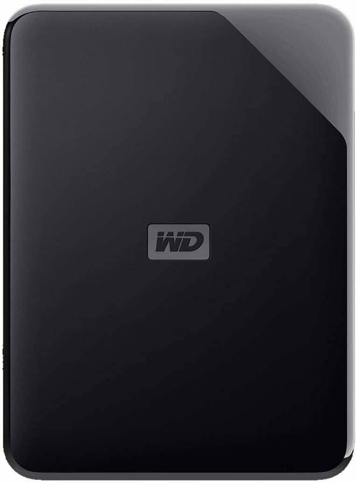 Czarny zewnętrzny dysk twardy WD, prostokątny, z logo WD pośrodku.