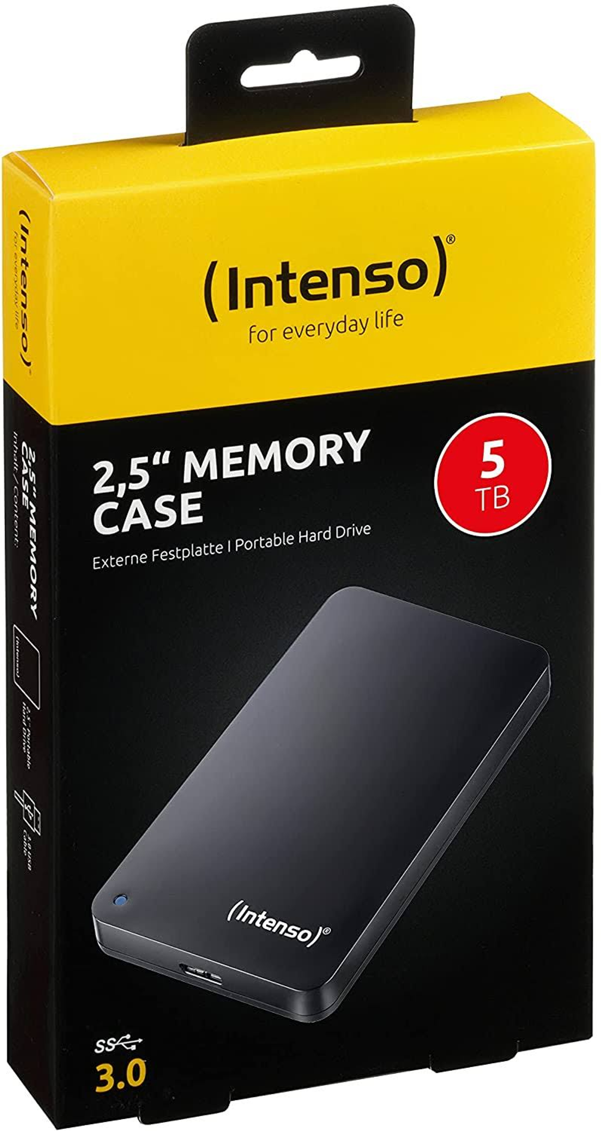 Czarny zewnętrzny dysk twardy w żółto-czarnym pudełku. Tekst brzmi '2,5" Memory Case' i '5 TB'.