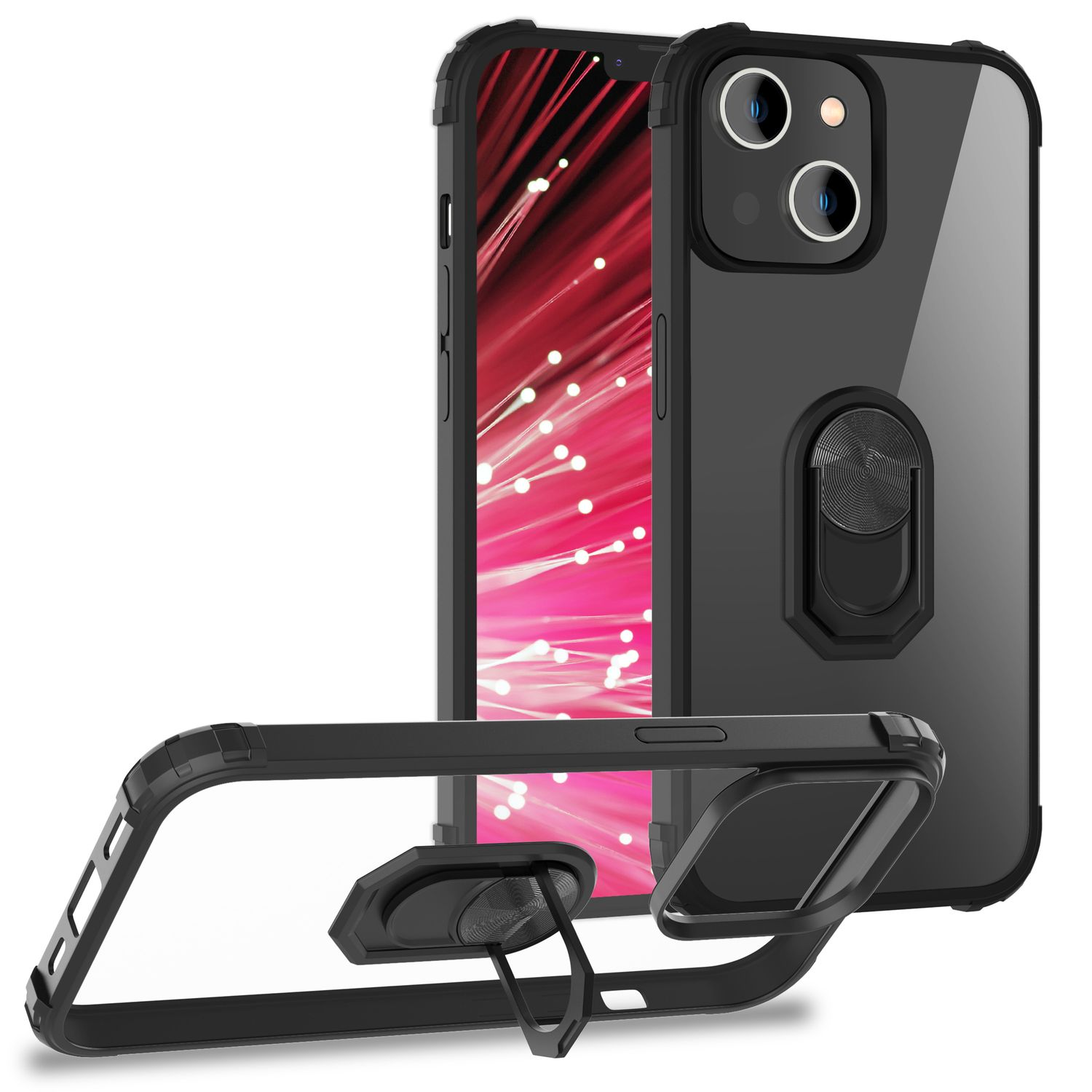 Funda negra para teléfono, con un soporte de anillo. La funda cubre la cámara. Pieza desmontable.