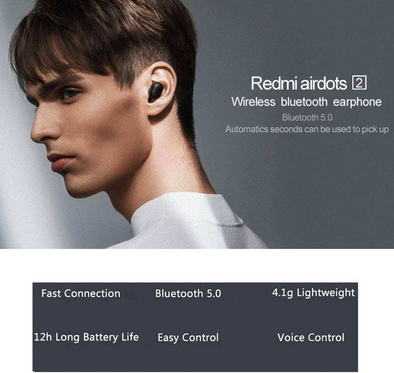 Mężczyzna ze słuchawkami, informacje o produkcie dotyczące bezprzewodowych słuchawek.