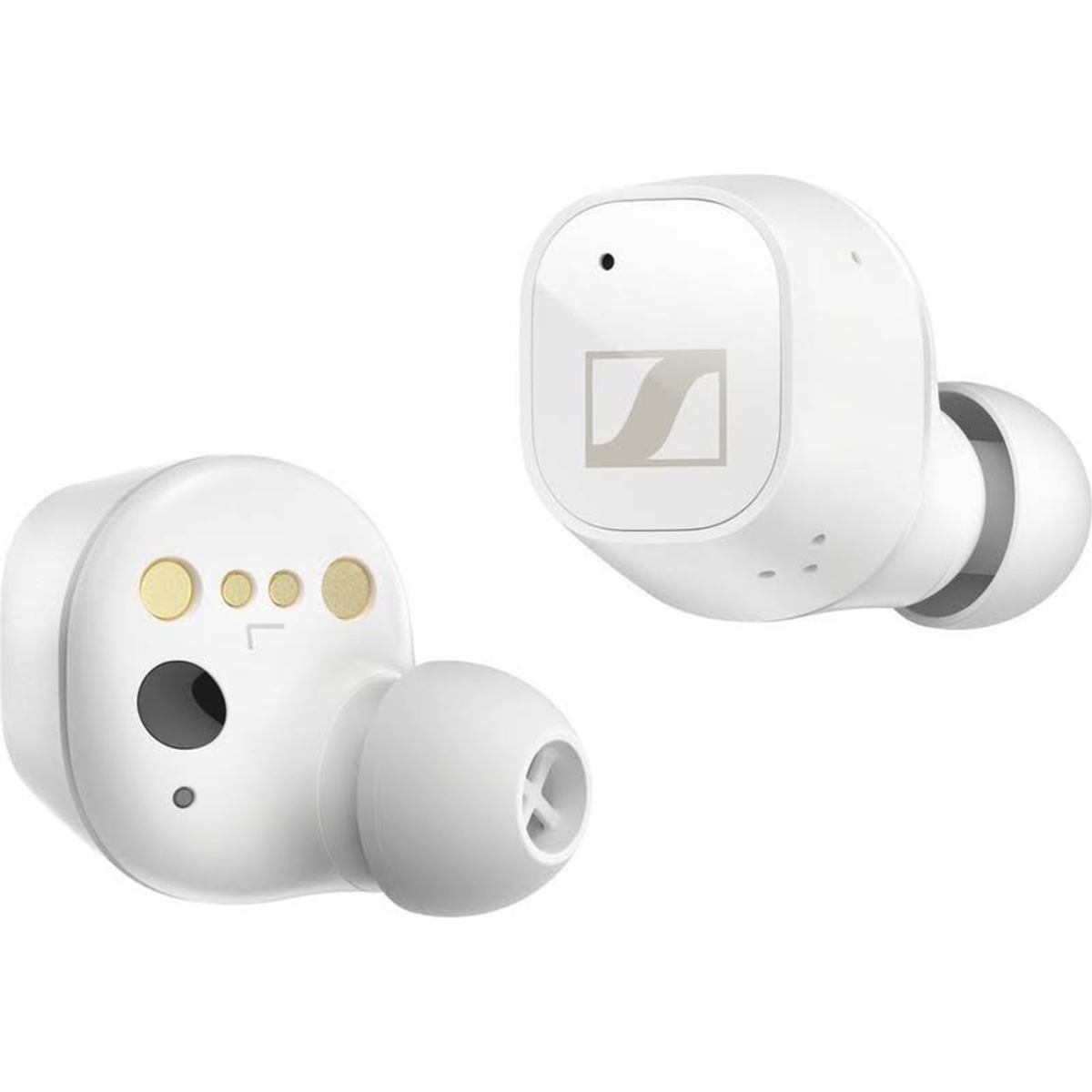 Zwei weiße kabellose Ohrhörer mit Sennheiser-Logo auf weißem Hintergrund.