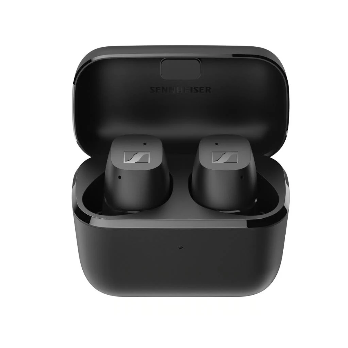 Auriculares inalámbricos negros en su estuche de carga. El estuche está abierto, mostrando los auriculares.