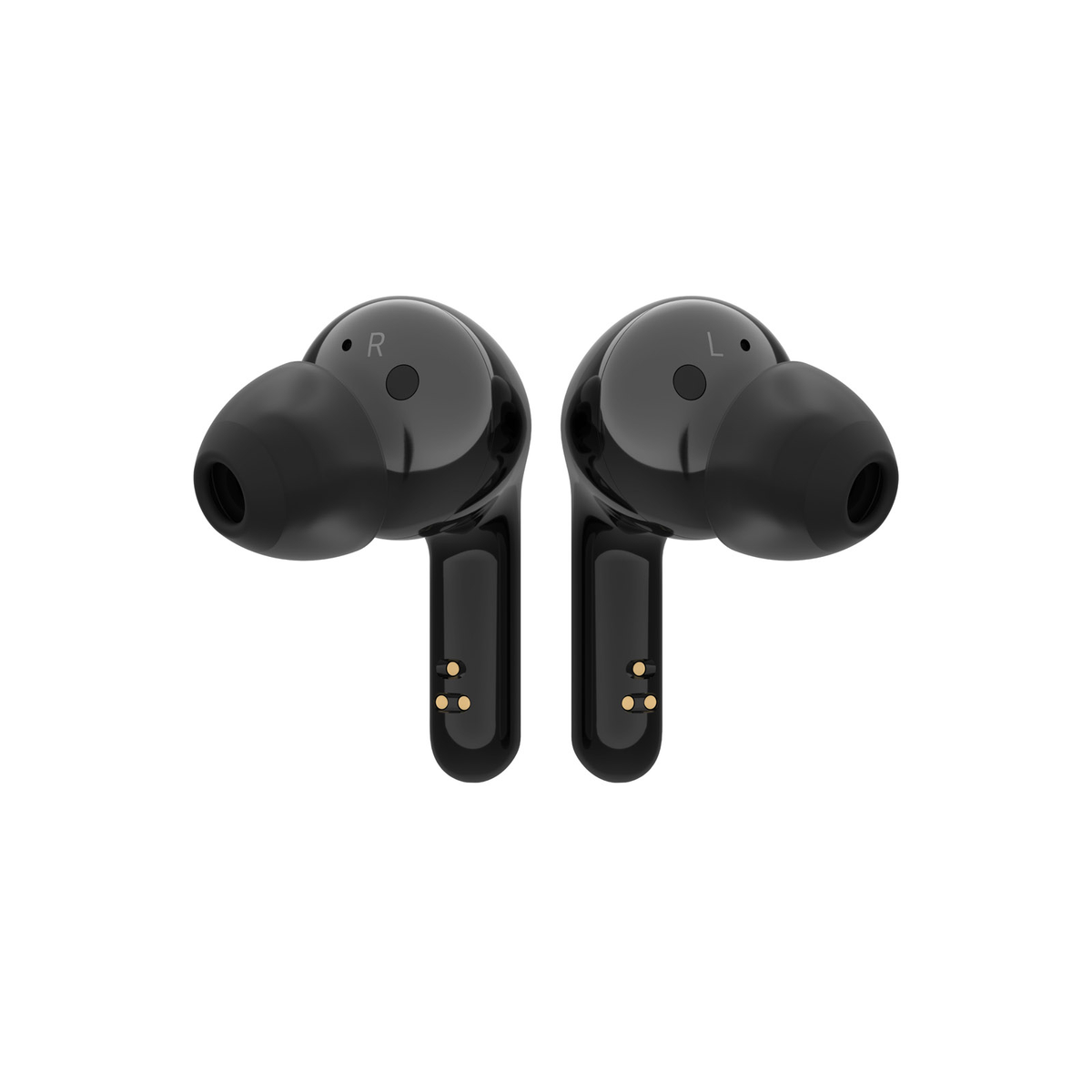 Czarne słuchawki LG z literami 'R' i 'L' na każdym.