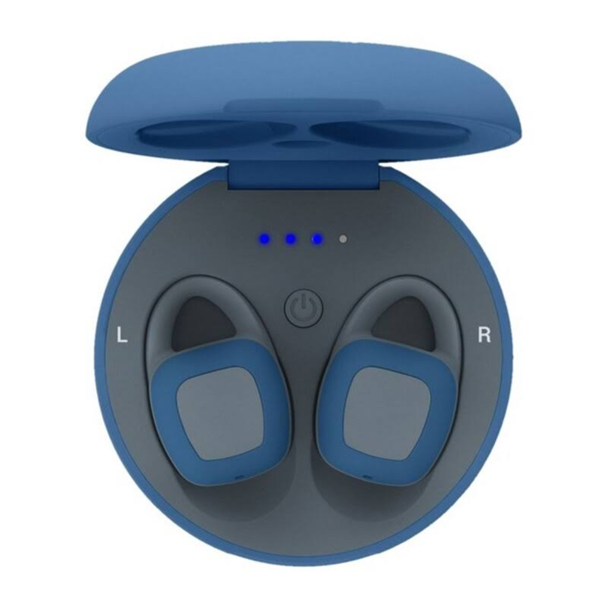 Niebieskie i szare bezprzewodowe słuchawki w etui ładującym, z wskaźnikami.