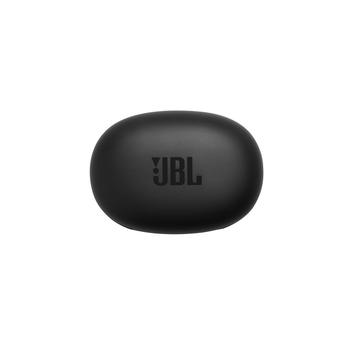 Custodia di ricarica JBL nera, vista dall'alto, con il logo JBL visibile.