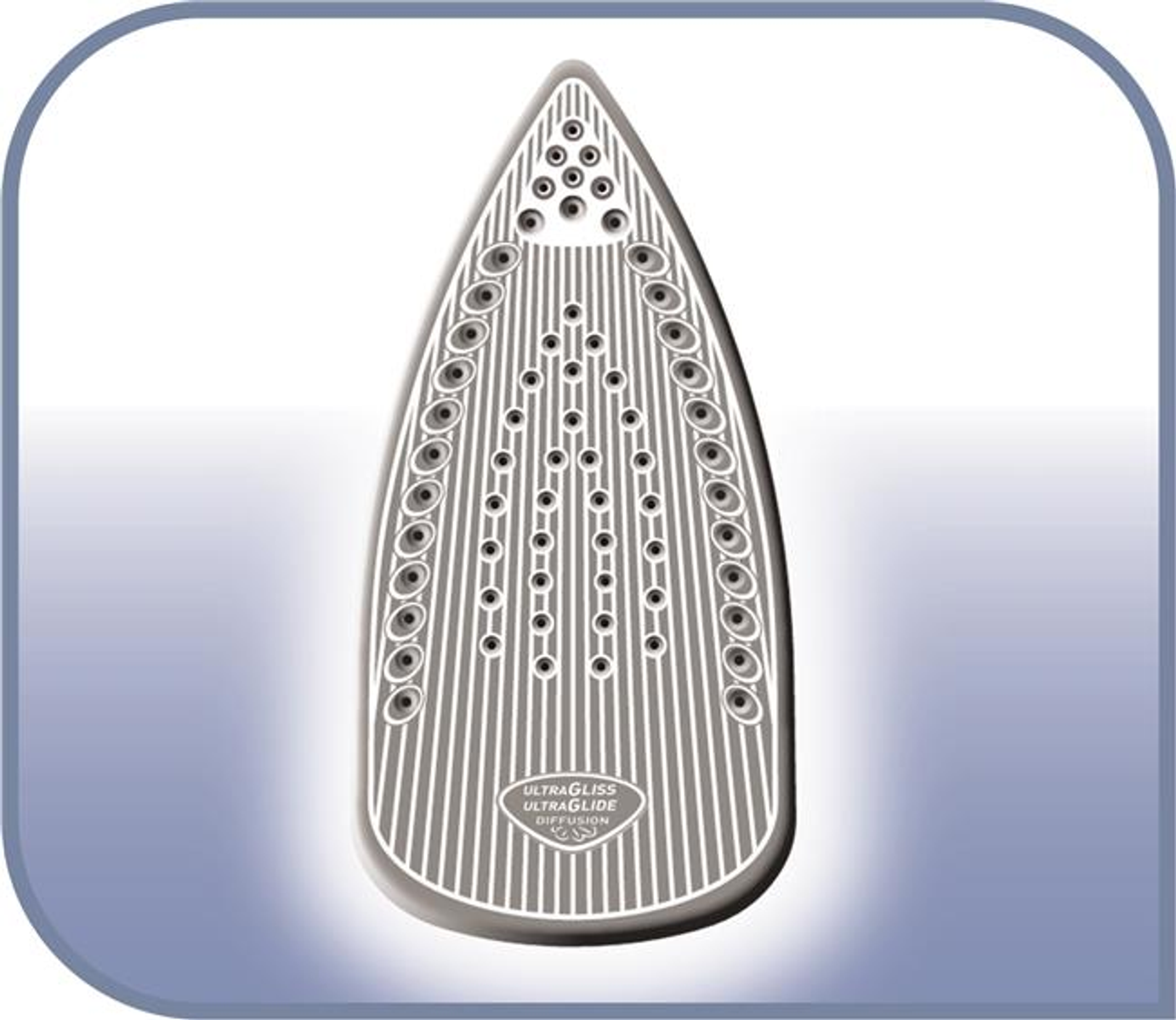 Nahaufnahme einer Bügeleisensohle mit vielen Löchern und Rillen. Text: ULTRA-GLISS, ULTRA-GLIDE, DIFFUSION.