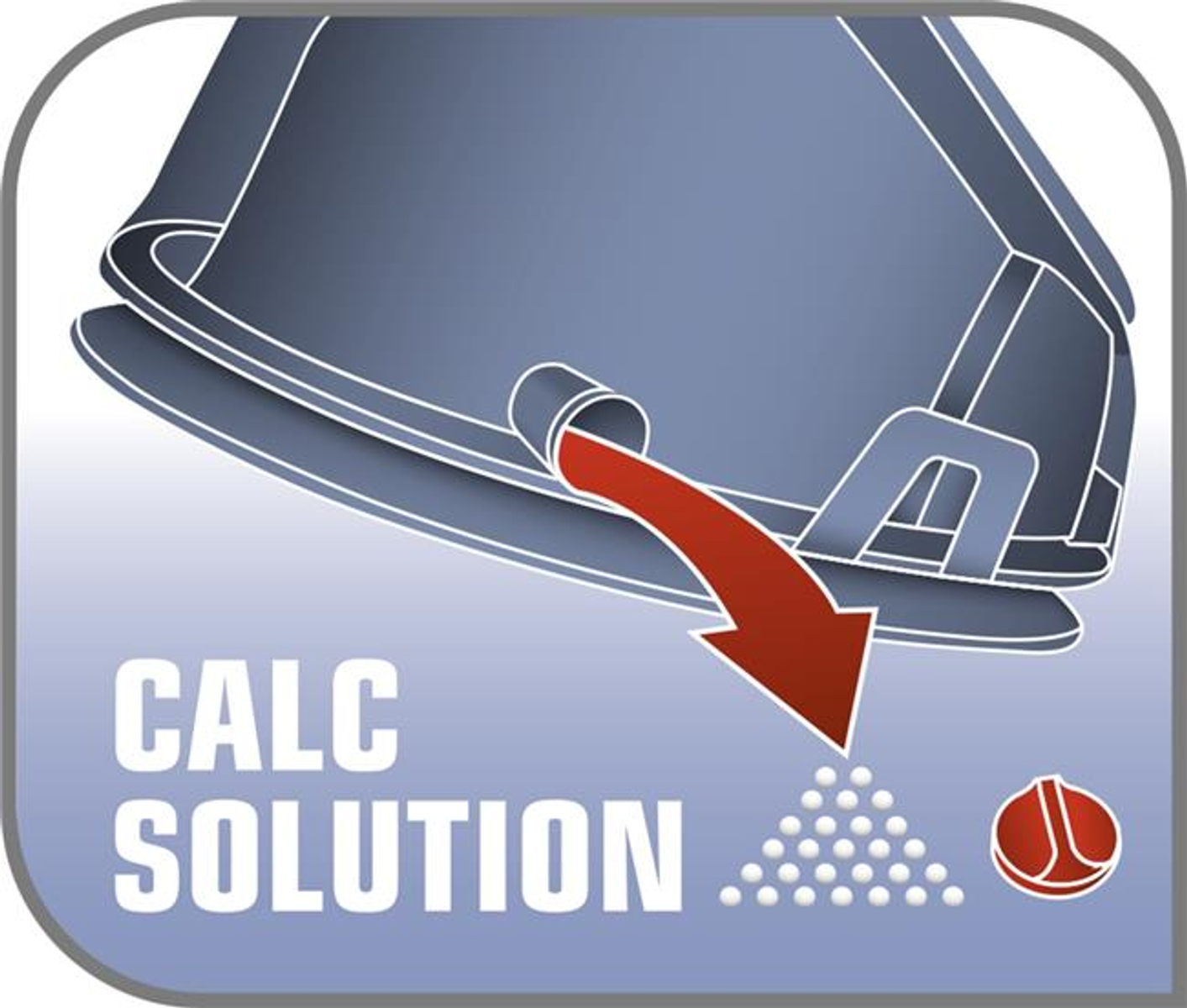 Illustration, die einen Teil eines Bügeleisens und die Worte CALC SOLUTION zeigt. Ein Pfeil zeigt auf weiße Kugeln.
