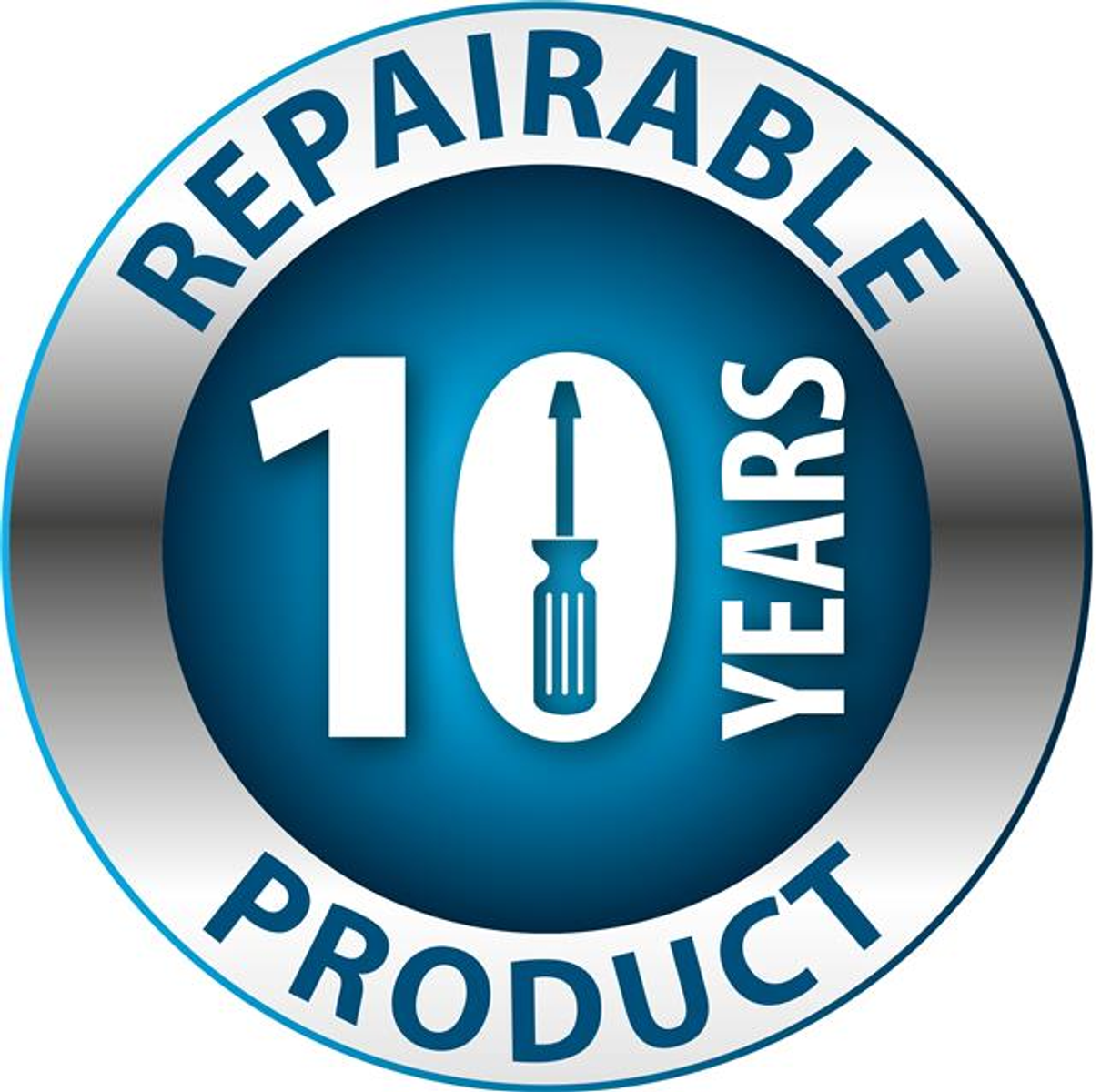 Ein blau-silbernes Abzeichen mit dem Text: Reparierbares Produkt 10 Jahre. Ein Schraubendreher-Symbol.