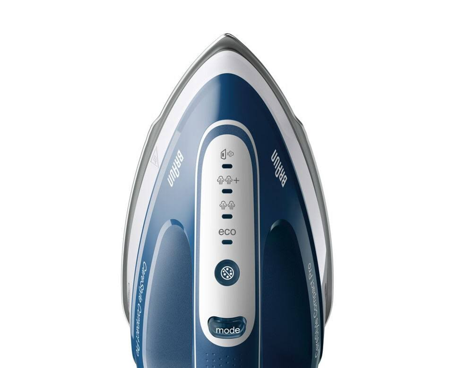 Primer plano de una plancha azul y blanca. La plancha tiene varios botones de control y la marca 'Braun'.