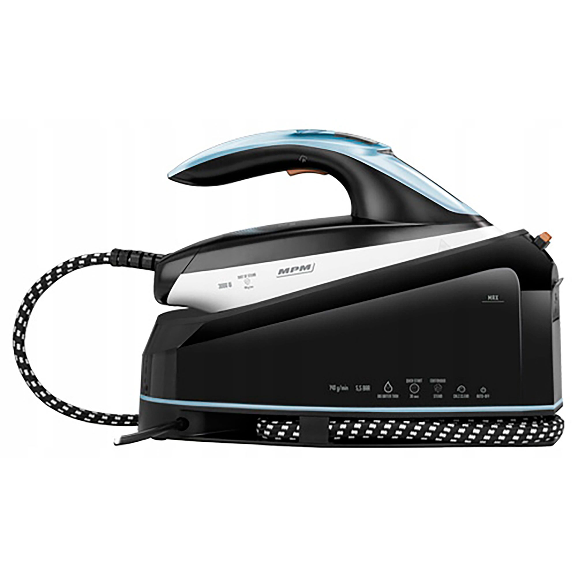 Schwarz-blaues Dampfbügeleisen mit schwarz-weißem Kabel und schwarzer Basis.